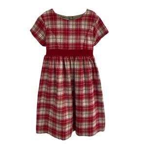 Bella Bliss Wool Blend Red Tan Plaid Button Back Velvet Tie Waist Dress Girls 5